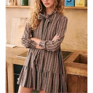 Plaid Bow-Tie Long Sleeve Mini Dress in Brown